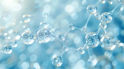 Create a 3D rendering of a water molecule. Make the water molecule look realistic. Use realistic lighting and textures. Show the water molecule in a blue background.
