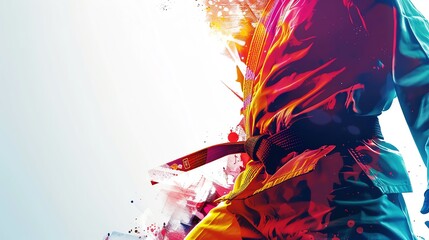 taekwondo belt close up on white background, vibrant colors, double exposure silhouette with taekwondo elements