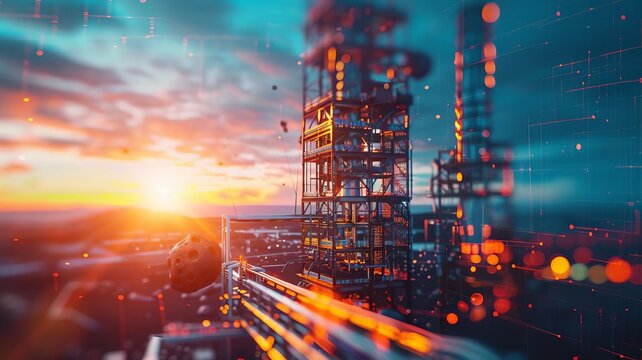 Futuristic industrial landscape with glowing lights at sunset, colorful sky, and technological structures in the background.