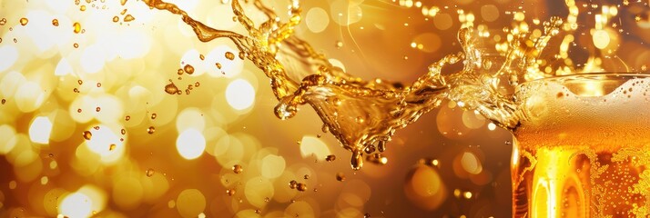 A glass of golden beer is splashing with foam and droplets flying around. The background is filled with warm, glowing bokeh lights.