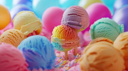 Assorted rainbow ice cream scoops, highlighting a delicious blend of colors and taste (selective focus, party theme, surreal, overlay) with a festive balloons backdrop