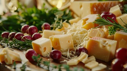 Cheese cubes, slices, and shreds displayed with herbs and fruits, capturing the essence of gourmet preparation, focus on, Indulgence theme, photorealistic, Silhouette, charcuterie board backdrop