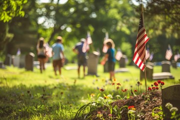 Families placing flags on graves during a Memorial Day ceremony, paying respects to fallen heroes, solemn tone, focus on, Remembrance theme, vibrant, Composite, military cemetery backdrop