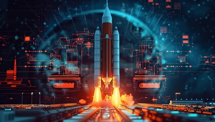Fototapeta premium Futuristic rocket launch with advanced digital technology interface, showcasing innovation and space exploration concepts at night.