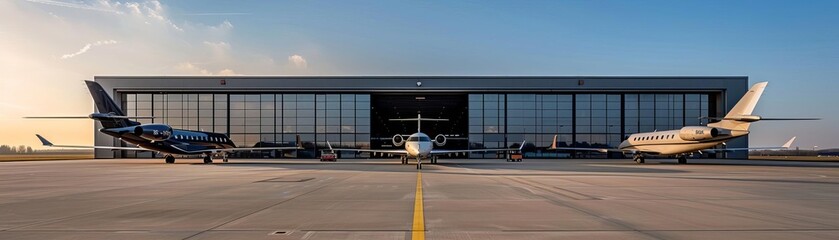 A row of private jets parked outside of a hangar.