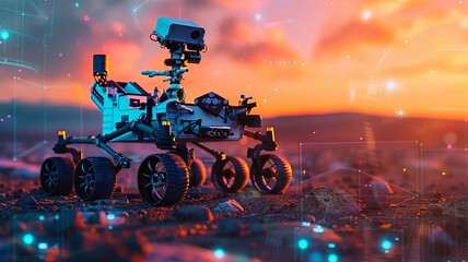 Fototapeta premium Mars rover explores the alien terrain at sunset, showcasing advanced robotics and the backdrop of a cosmic landscape.