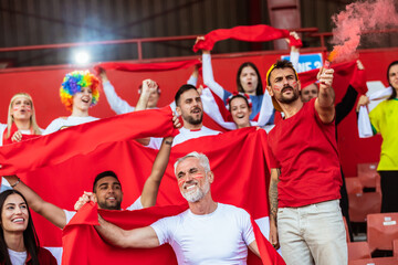 Sport fans lit torches in the stadium at the game. Red colors, flags, stadium.