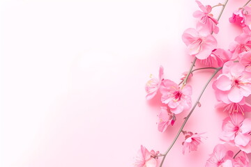 Fototapeta premium Invitation flowering branch on light pink background Greeting card template Wedding Women's Mother's Day Spring banner Flat lay composition with copy space