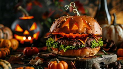 Halloween feast featuring a jack-o-lantern burger, with themed side dishes and a festive, dark ambiance