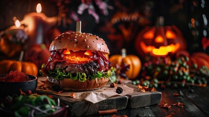 Halloween feast featuring a jack-o-lantern burger, with themed side dishes and a festive, dark ambiance
