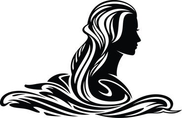 black and white vector silhouette portrait of beautiful mermaid woman head with long gorgeous hair among sea waves