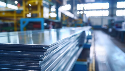 Close-up of a stack of durable aluminium plates in a factory, with reflective surfaces catching the light