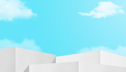 Building wall exterior against blue sky white clouds background, Step stand display products