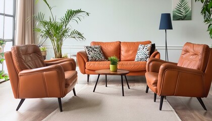 Modern Mid-Century Living Room with Terra Cotta Sofa and Brown Leather Armchairs