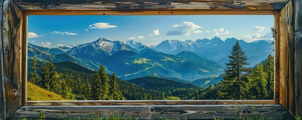 A beautiful mountain landscape is framed by a rustic wooden structure, capturing lush green hills...