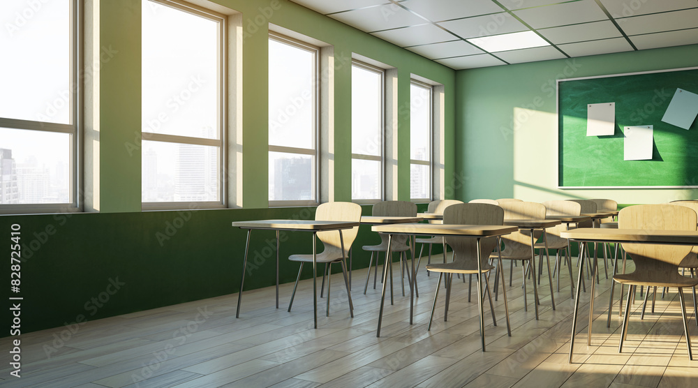 Poster a bright classroom with green walls, modern furniture, and a large window showing a cityscape, conce