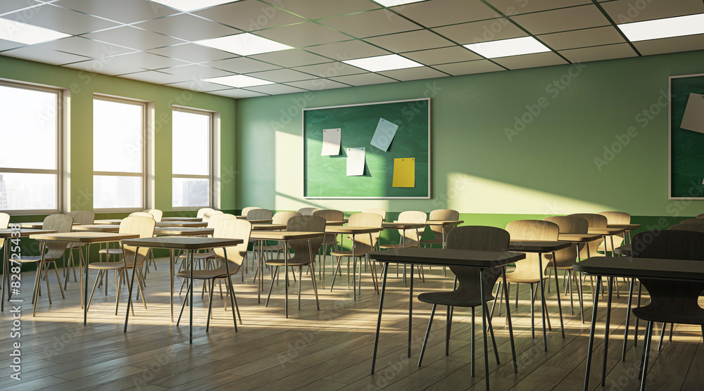Poster a classroom interior with empty desks and chairs, a green chalkboard on the wall, sunlight streaming