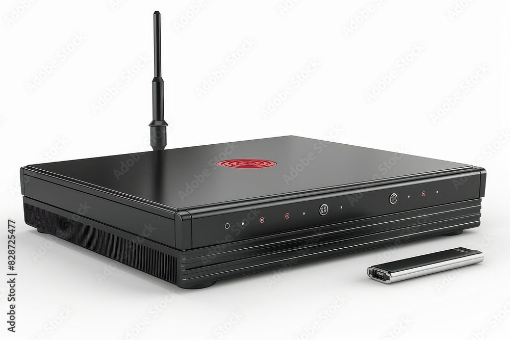 Poster minimalist wireless router design in a modern workspace, enhancing aesthetic and functional connecti
