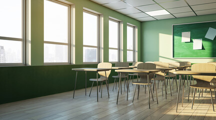 A bright classroom with green walls, modern furniture, and a large window showing a cityscape, concept of learning environment. 3D Rendering