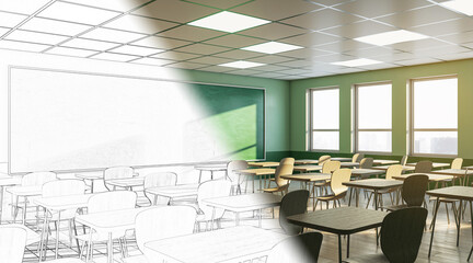Classroom interior with chairs, desks, and large windows, sketch and photo combination, green and white background, educational concept. 3D Rendering © Who is Danny