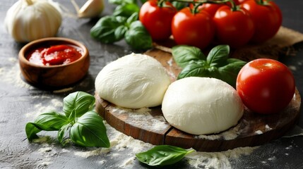 Fresh mozzarella and basil leaves arranged beside raw dough and tomato sauce on a rustic table, detailed textures, inviting food setup