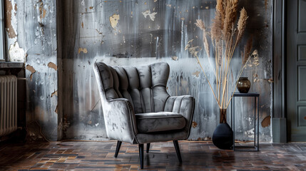 stylish aged armchair in the interior against the background of a natural stone wall. Stylish gray armchair near textured scene