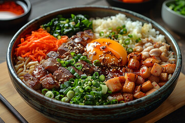 Fototapeta premium Asian street style dish. a large bowl of ramen with egg, meat, herbs and various toppings.