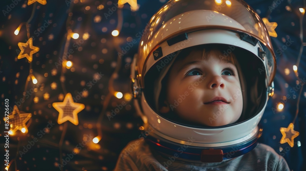 Poster adventurous kid in space helmet on dark background with star garland generative ai