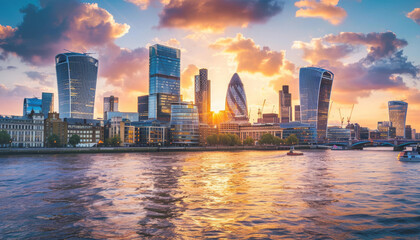 Fototapeta premium Sunset Over Modern Skyline with Office Buildings