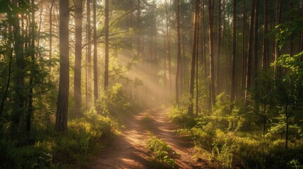 Obraz premium A serene forest path with sunlight filtering through the trees