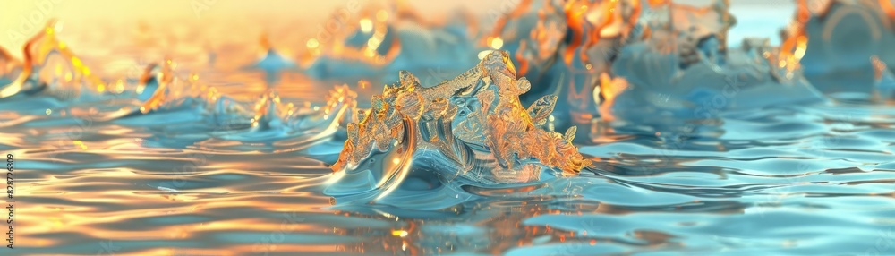Poster close-up of sparkling water splashes captured in golden sunlight, creating a beautiful and tranquil 