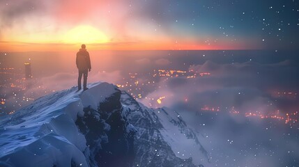 Fototapeta premium Sunrise Vision: Businessman Contemplates New Opportunities on Snowy Mountain Summit