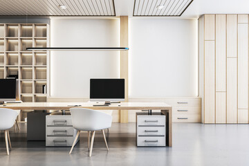 Modern office interior with computers on desks, wooden shelves, and white chairs, on a light background, concept of workplace. 3D Rendering