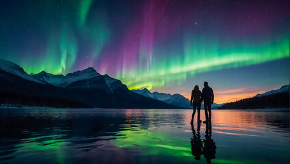 Silhouette of a loving couple holding hands by a calm lake with the beautiful northern lights dancing in the evening sky