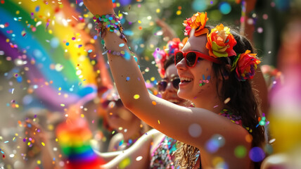 A young woman smiles happily at the Pride festival.