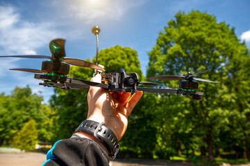 Combat fpv drone with radio control. Kamikaze drone in modern warfare in Ukraine.