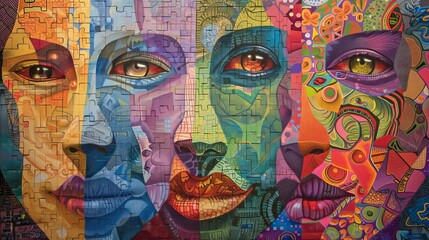Face-off featuring faces composed of various patterns and hues, each distinct in shape and color, in a captivating display