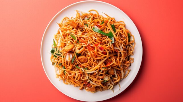 A white round plate with fried mee, whole and sliced. On a light red background. Top view, closeup