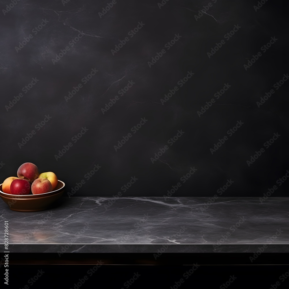 Poster modern black marble table with a dark background. empty space for product display. generative ai.