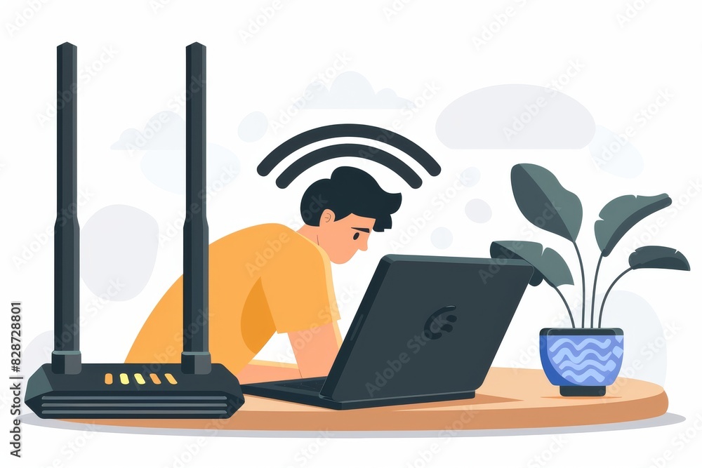Poster remote worker optimizing digital workspace with a wireless router, focusing on productivity and seam