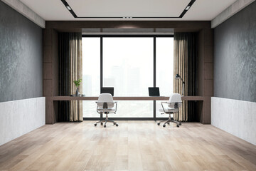 Modern office interior with desks, chairs, and large windows overlooking a cityscape, set against a light and dark background, concept of workspace. 3D Rendering