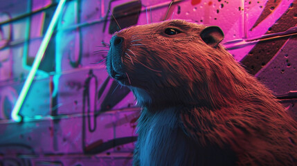 A large cute capybara in the city against the background of a wall illuminated by the evening bright pink club light
