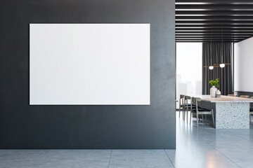 Blank horizontal poster on a dark wall inside a modern interior space, minimalist design, light background, concept of advertisement. 3D Rendering