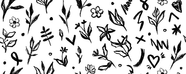 Black flowers vector seamless pattern. Hand drawn silhouettes of spring flowers. Dry brush style floral motives. Black paint illustration with branches and leaves. Monochrome print