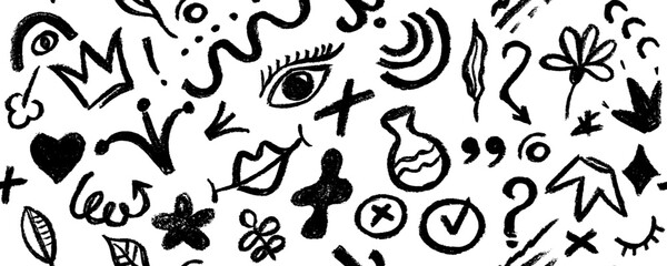 Vector seamless pattern with charcoal black   shapes. Hand drawn pencil doodles, squiggles and scribbles in Memphis simple style. Sketchy monochrome seamless pattern.