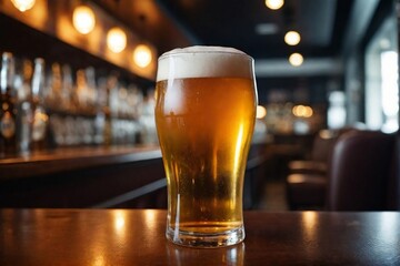 A cold glass of beer in a bar against a blurred background with copy space, warm and relaxed atmosphere. International Beer Day Concept