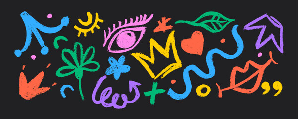 Collection bright colored  abstract geometric shapes, lines. Hand drawn pencil doodles, squiggles and scribbles in Memphis simple style.  Hand drawn  brush strokes, bold curved lines, crowns, star