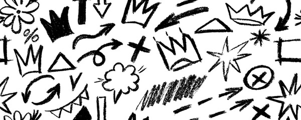 Brush drawn doodle shapes seamless pattern. Hearts, crowns, arrows, crosses, swirls and dots with dry brush texture. Banner background with trendy graffiti style elements. Hand drawn various shapes.
