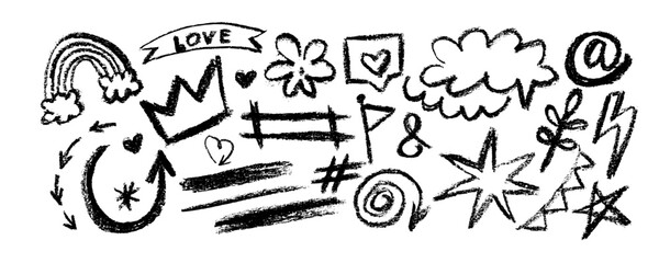 Set of  hand painted various shapes, curls, forms, stars, crowns, flowers, brush strokes and doodle objects. Abstract modern minimalist trendy vector illustration with grunge texture.