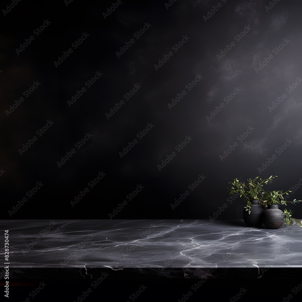 Aufkleber modern black marble table with a dark background. empty space for product display. generative ai.